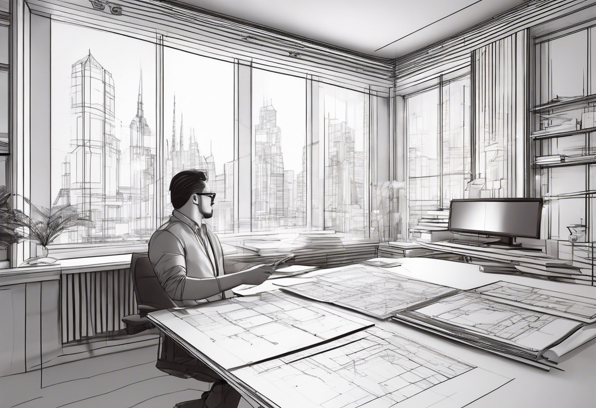 Architect with glasses, analyzing 3D drawings on AutoCAD in a spuriously lit creative studio.