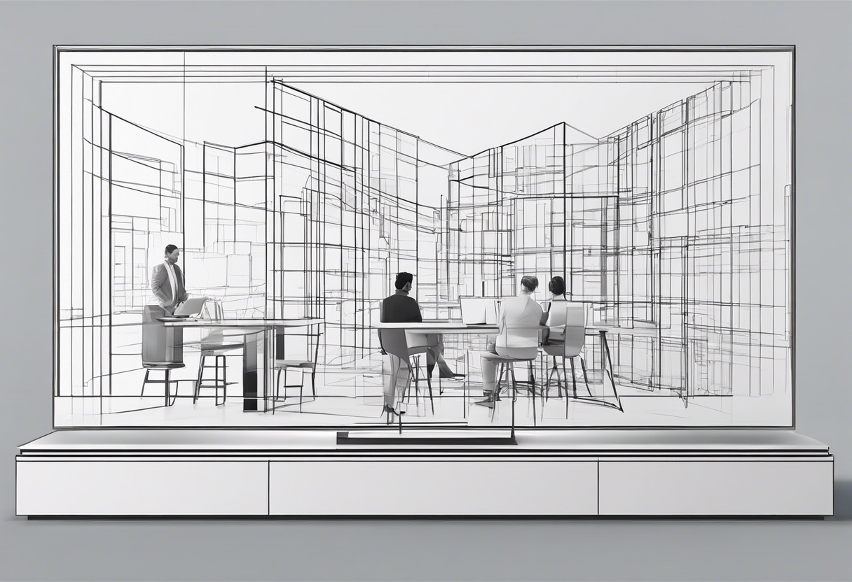 Architects and construction professionals reviewing 3D digital twin model on a tabletop screen.