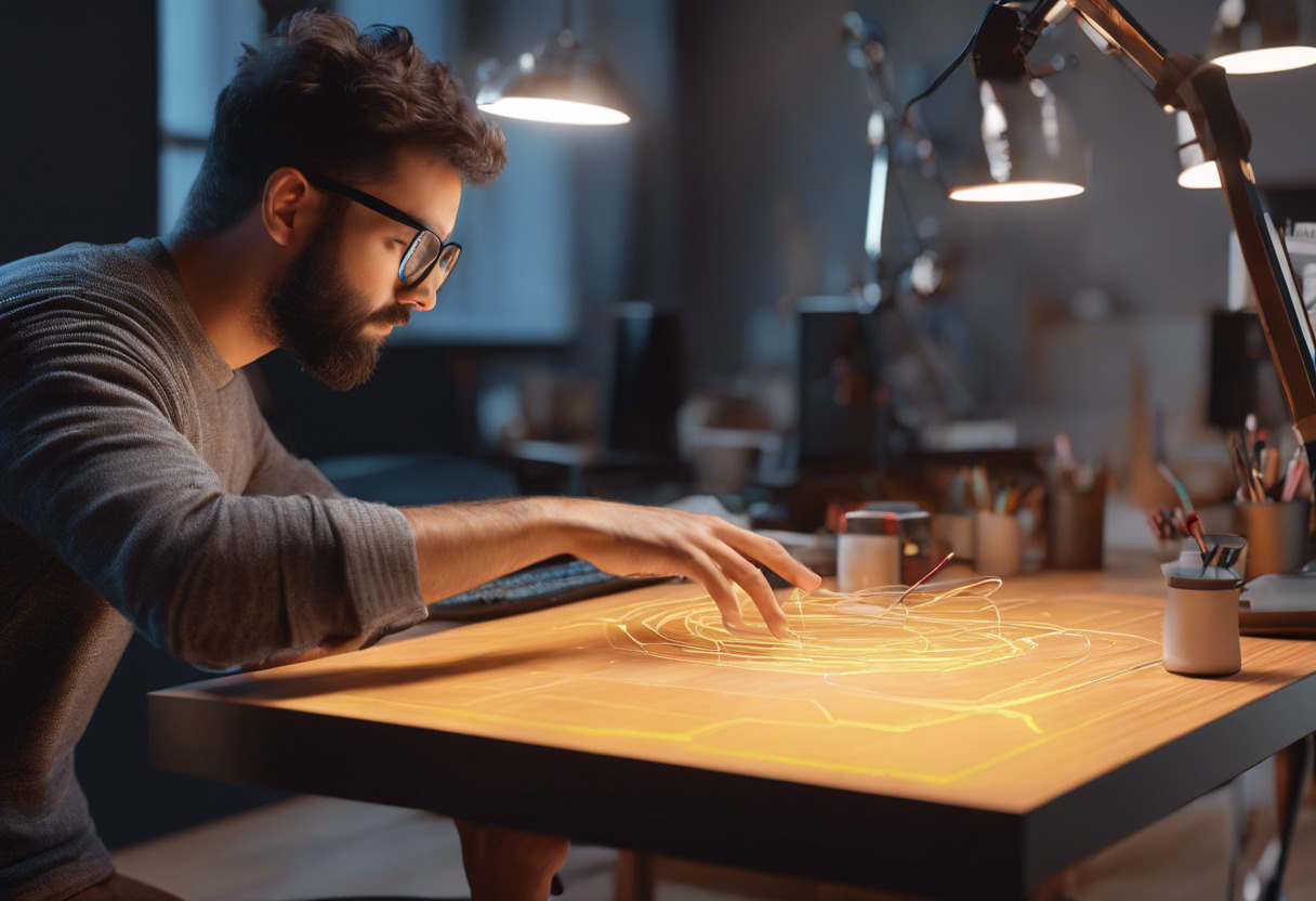 Artist interacting with AR graphic interface using Leap Motion