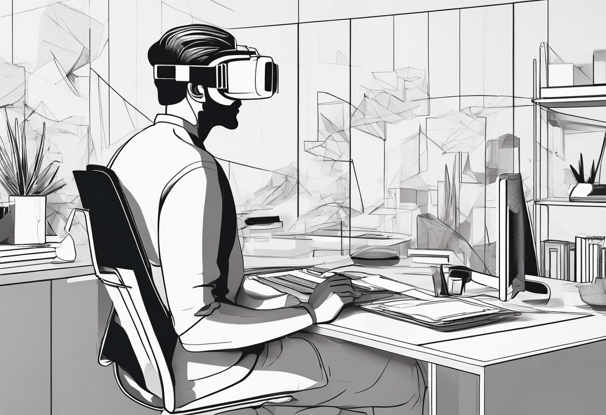 AR/VR content creator working on a virtual reality headset in a modern design studio