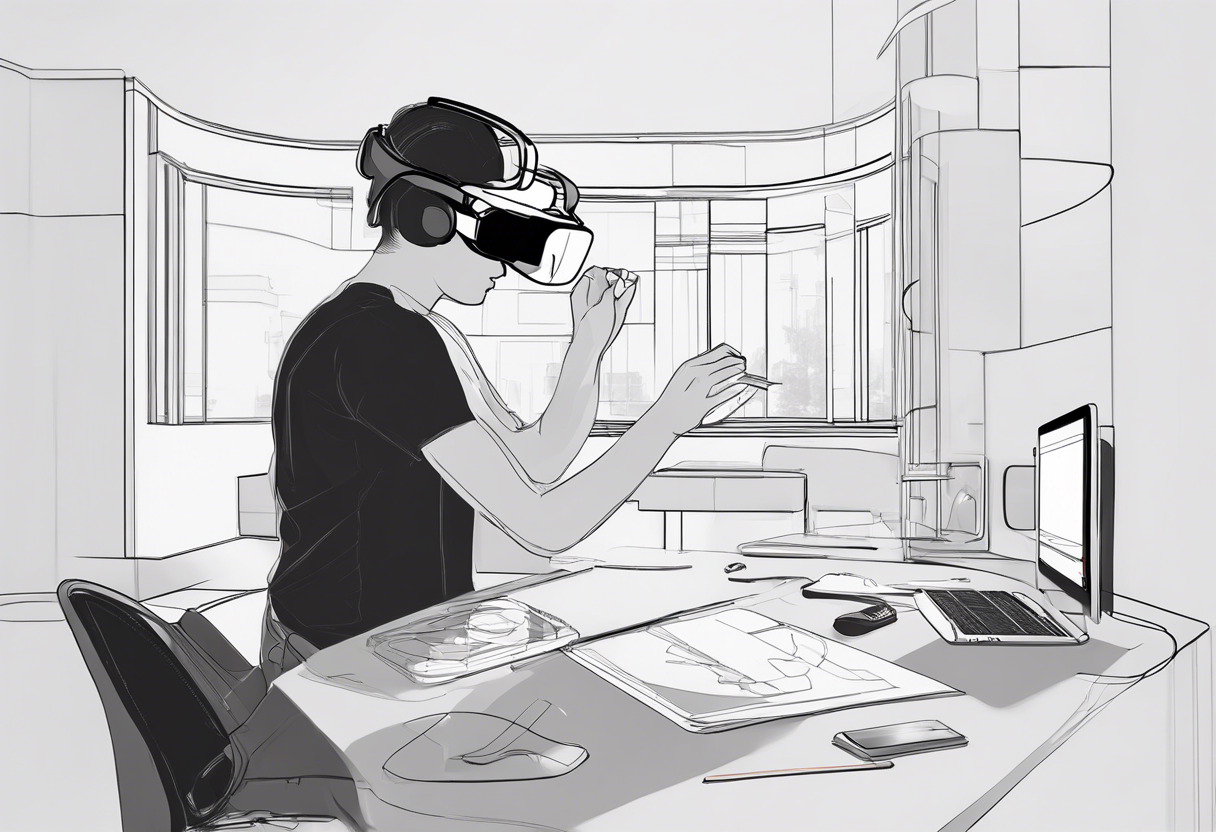 AR/VR creator adjusting a mixed reality headset while using Blender