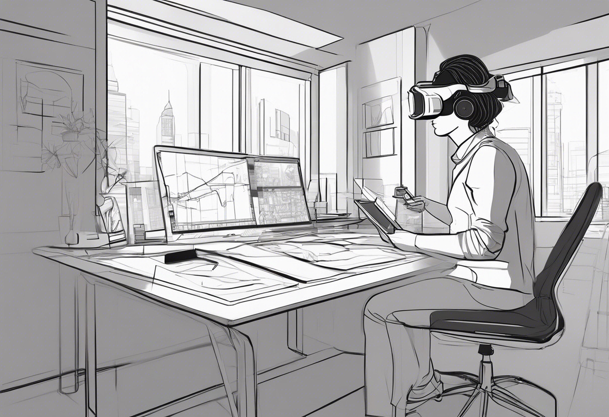 AR/VR creator, busy in innovating immersive experiences, utilizing AR/VR tools in a digitally optimized workspace.