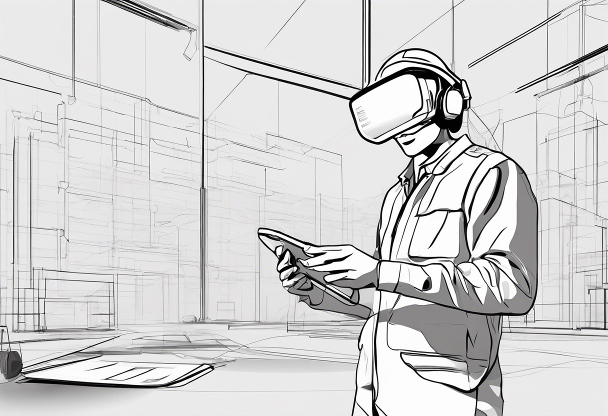 AR/VR innovator in a worksite, drafting fresh designs with an advanced headset