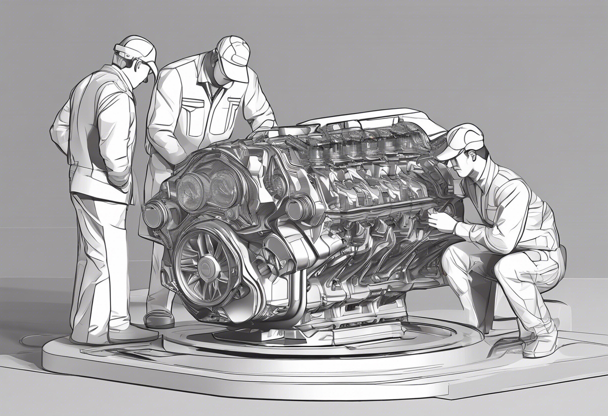 Automotive engineers inspecting a 3d CAD model of a sports car engine