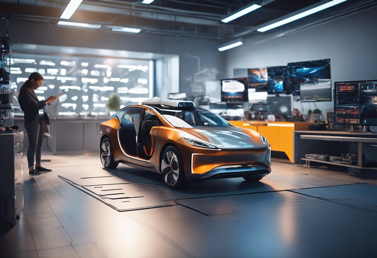 Autonomous vehicle innovator, analyzing a blueprint of a self-driving car, surrounded by AR/VR devices in a high-tech lab.