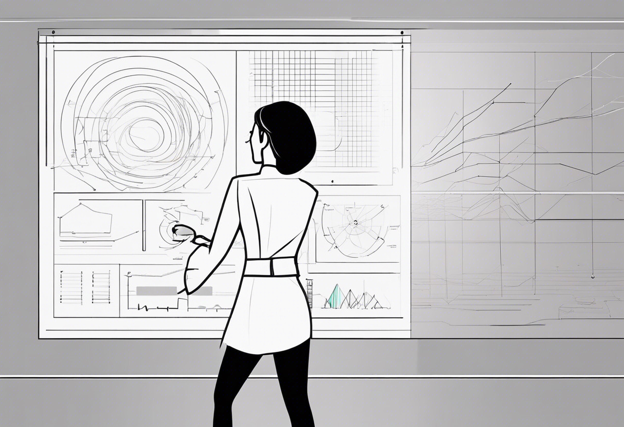 business woman presenting projected AR graphs on a touch screen interface