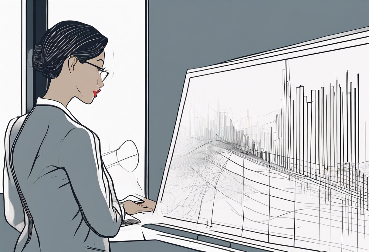 businesswoman captivated by an impressive AR-driven analysis displayed on an interactive board
