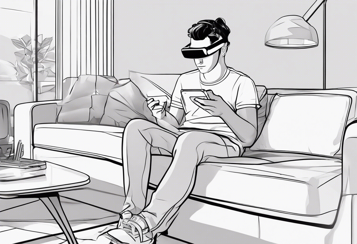 Casual gamer on a couch playing a game using the Meta Quest 3 augmented reality headset