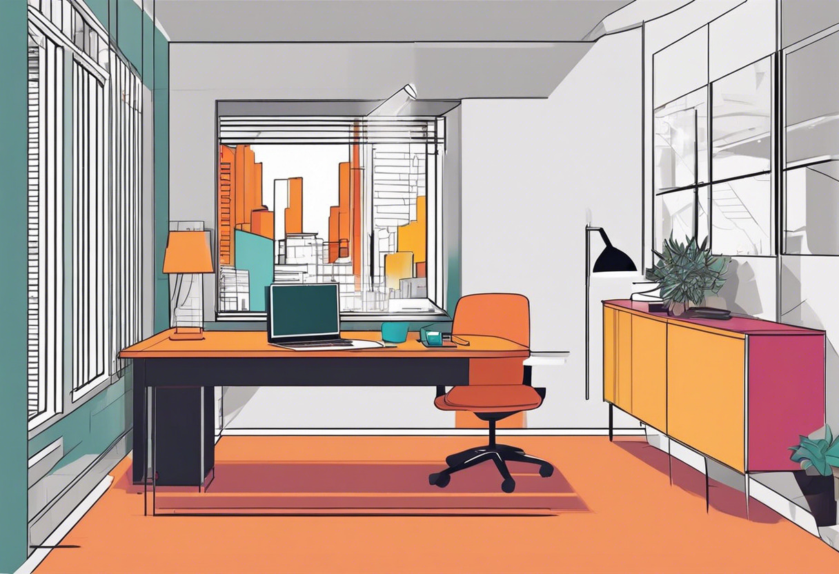 Colorful 2D designer in an urban office environment