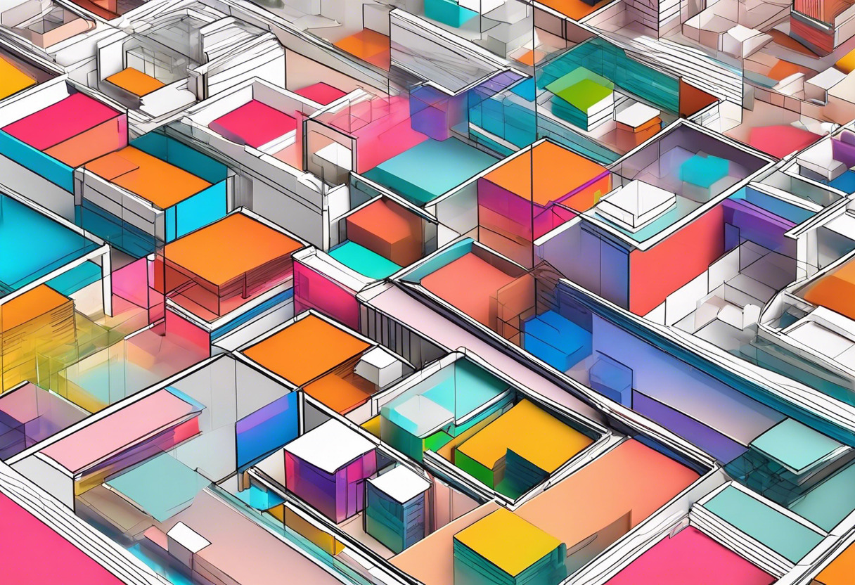 Colorful 3D architectural models showcased on interactive screens