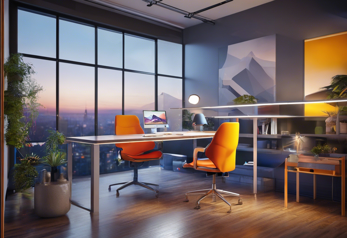 Colorful 3D artist immersed in project rendering on Modo in a tech-inspired workspace