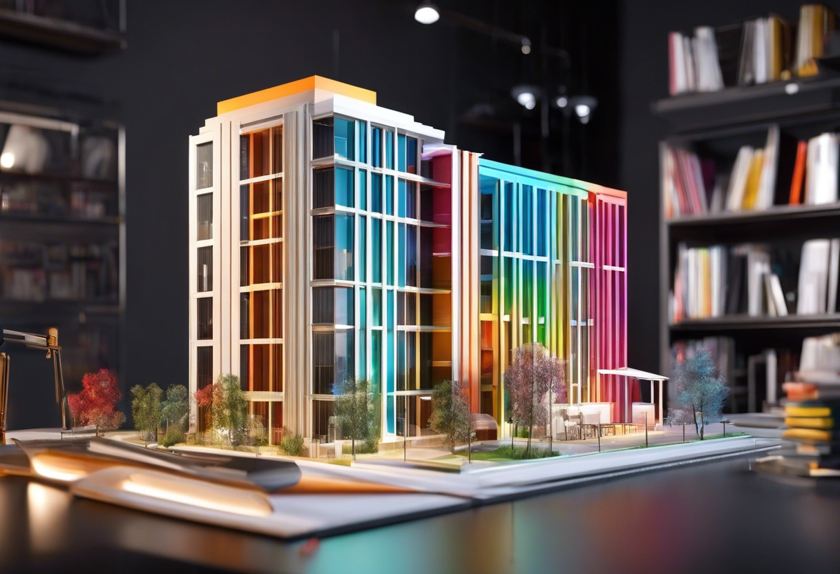 Colorful 3D building model on a workspace with drafting materials
