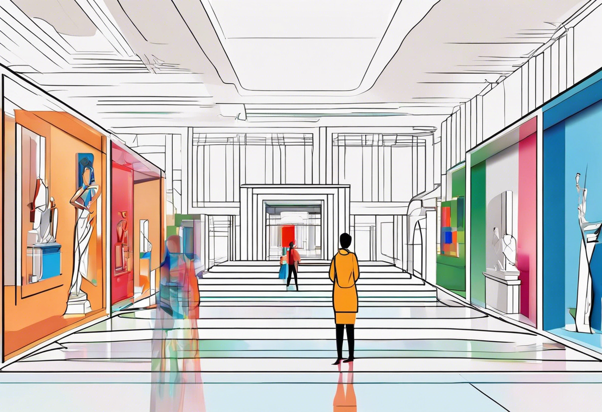 Colorful 3D character guiding visitors in a sprawling museum