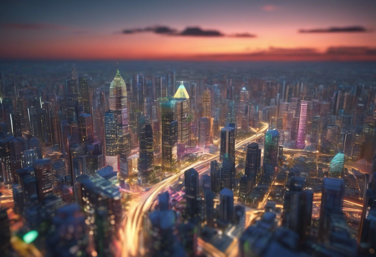 Colorful 3D digitized city landscape captured and processed by KIRI Engine, viewed by an engineer on a monitor