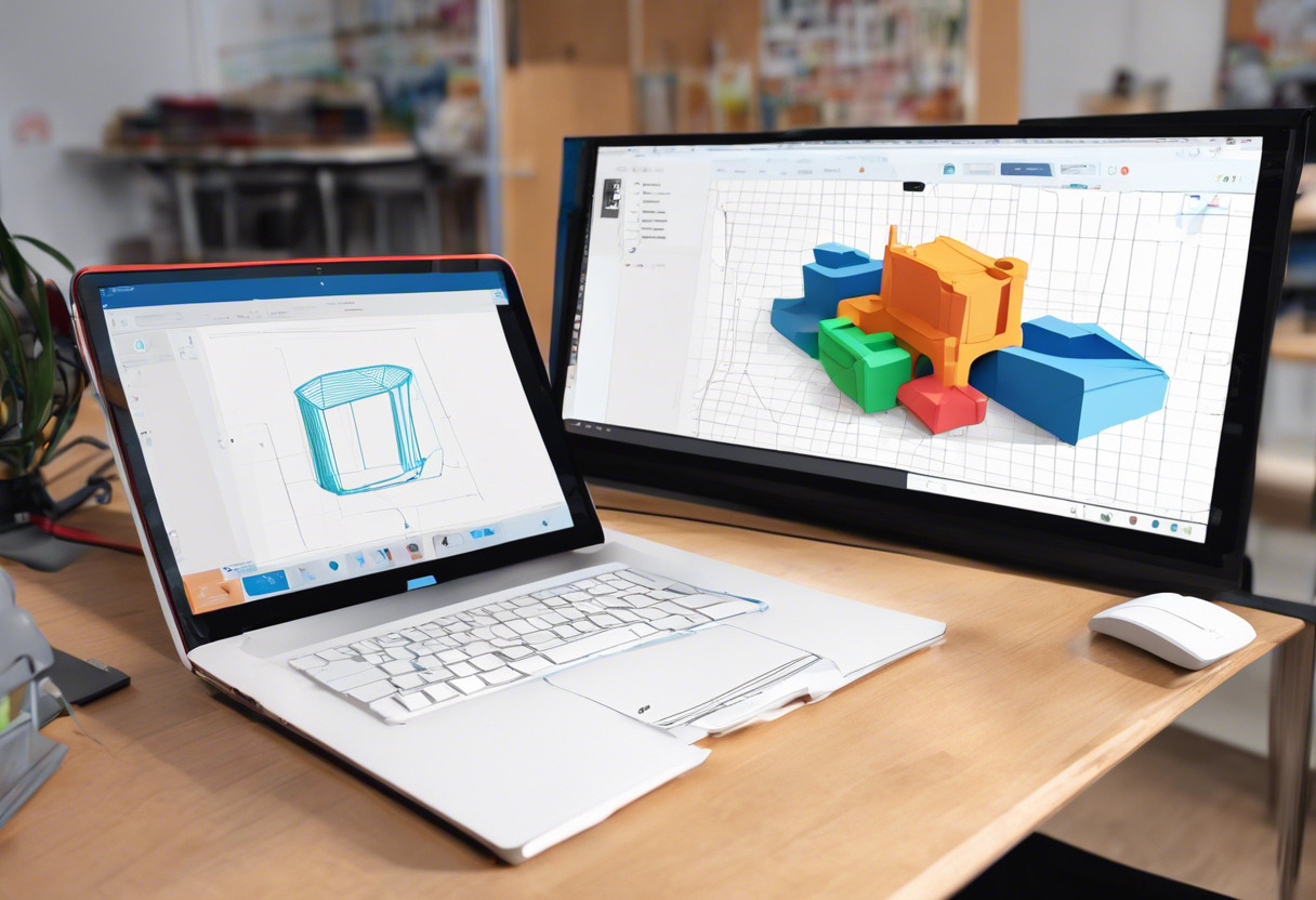 Colorful 3D model being designed on Tinkercad in a tech-enabled classroom
