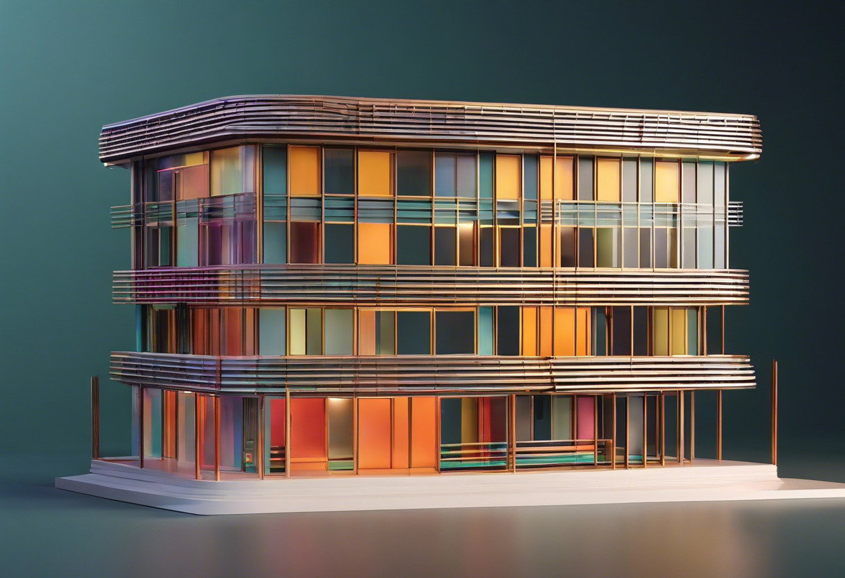 Colorful 3D model of an architectural structure created by ReCap Pro, displayed on a large monitor in a design studio