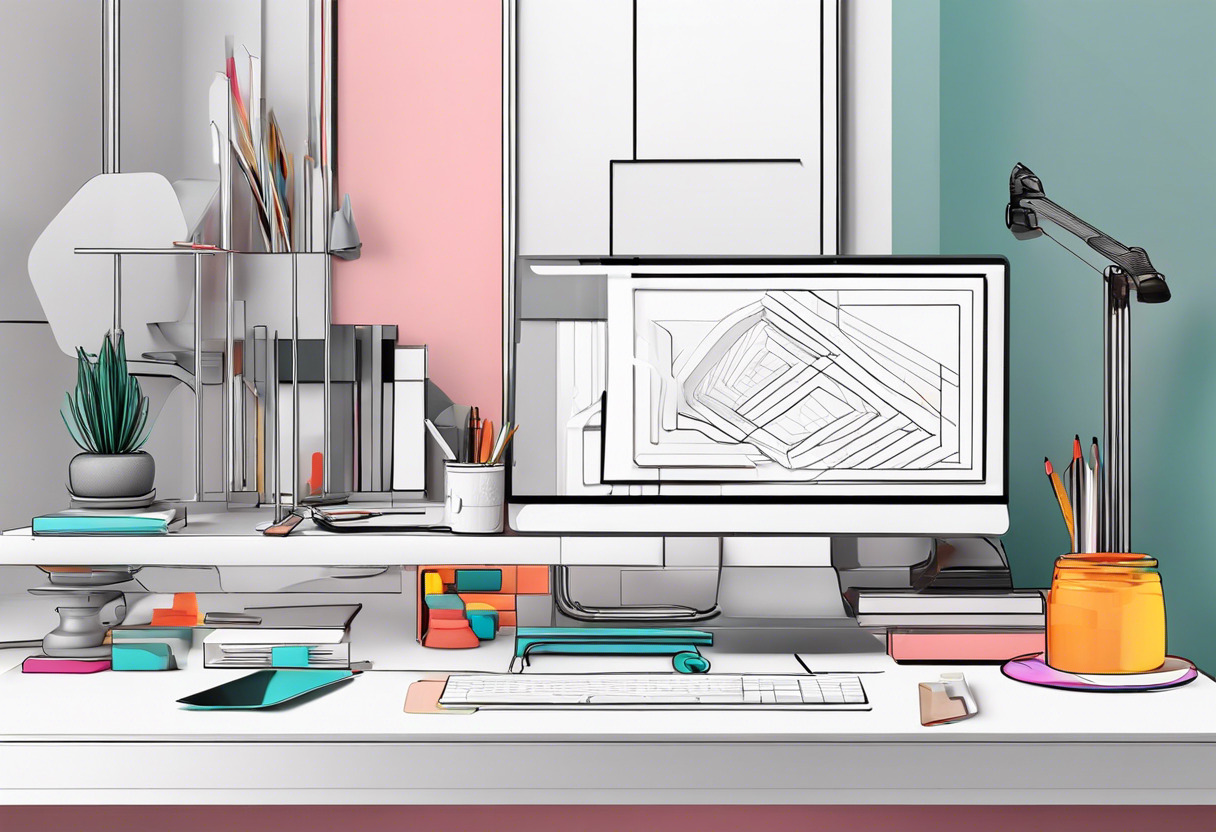 Colorful 3D printed objects on a designer's workspace