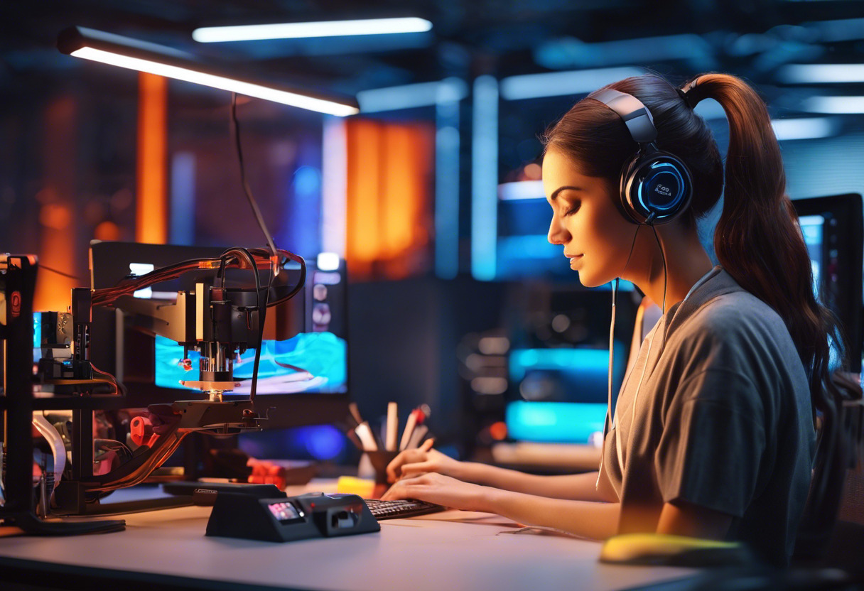 Colorful 3D printing enthusiast using Meshmixer on her workstation in a tech studio