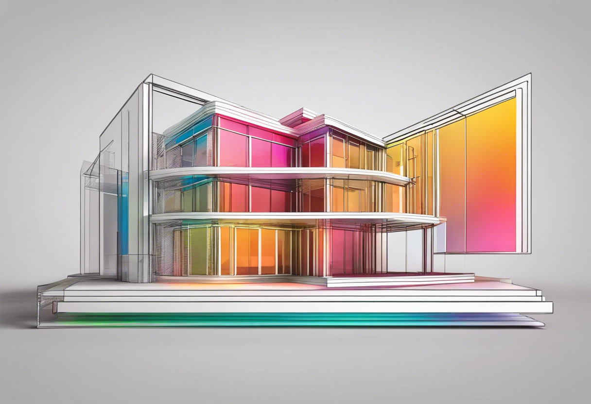 Colorful 3D rendering of a building structure on a designer's computer screen