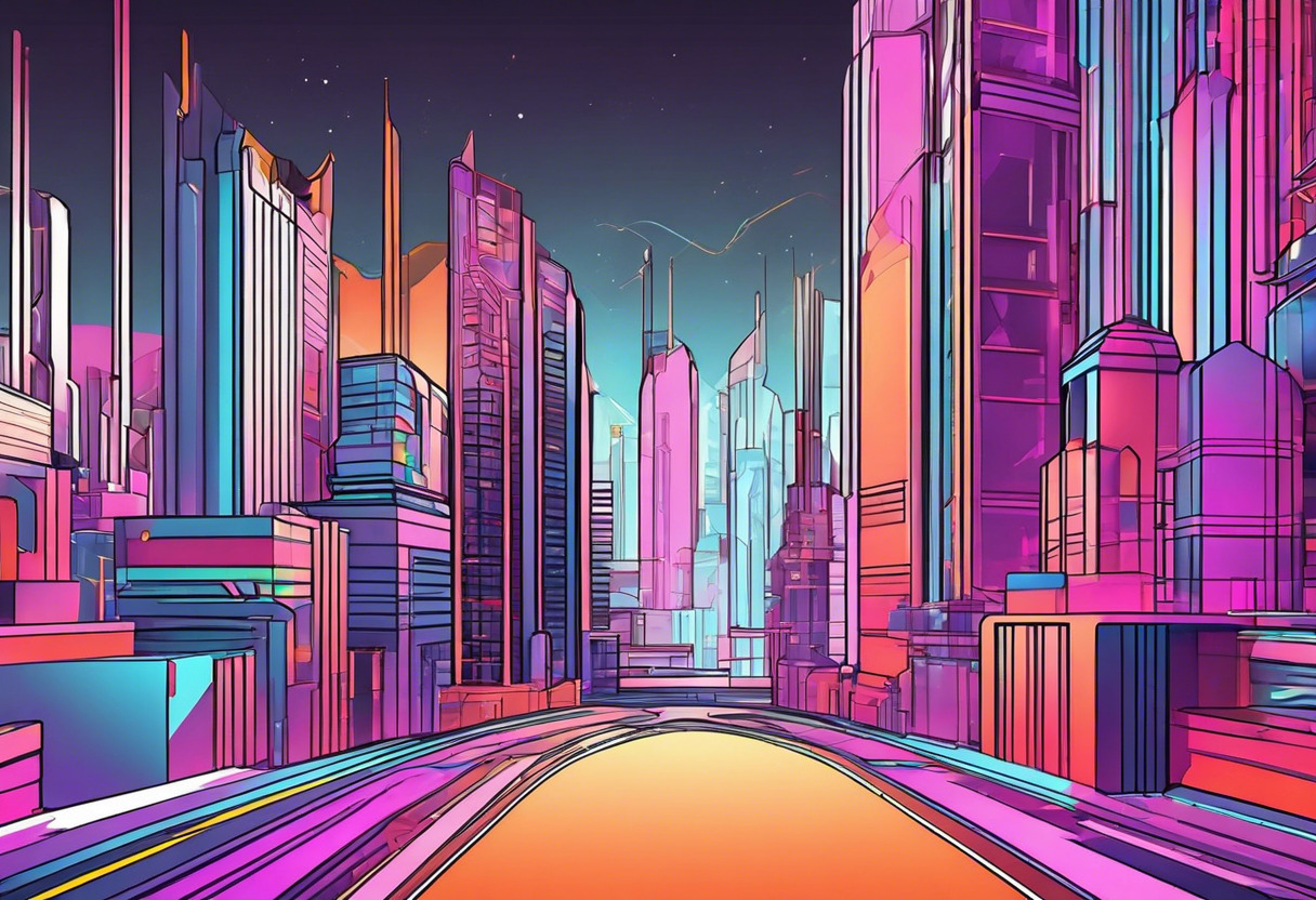 Colorful abstract simulation of a game environment created in Unreal Engine, featuring a futuristic cityscape