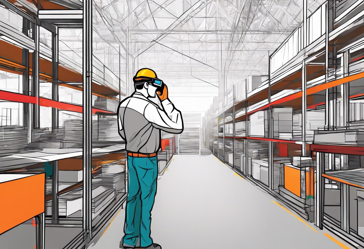 Colorful action shot of a professional using Google Glass in a bustling warehouse