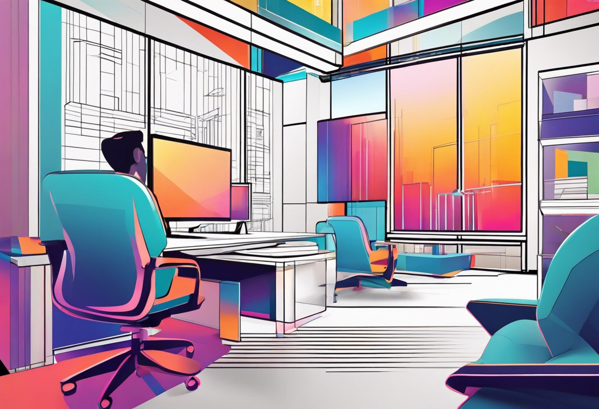 Colorful animated 3D graphic being manipulated by a developer in an office