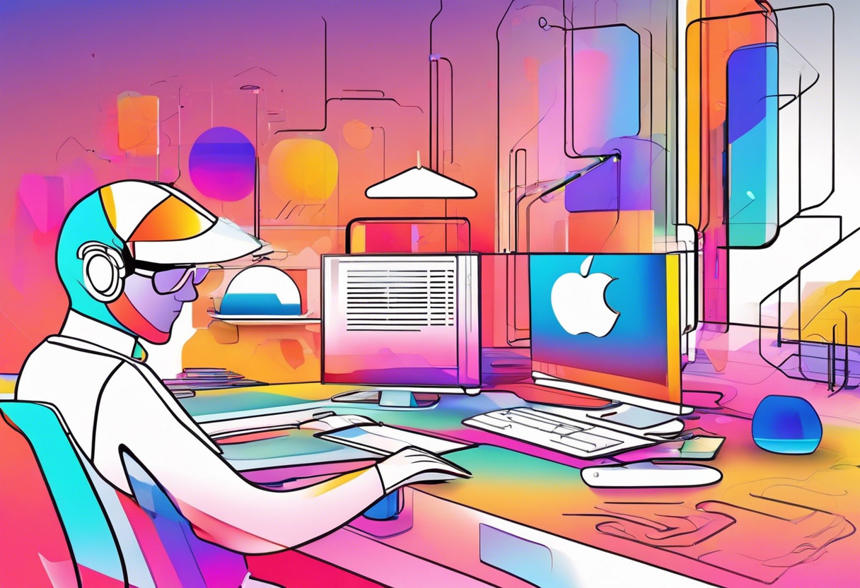 Colorful animated graphics being created by a programmer in a futuristic Apple lab