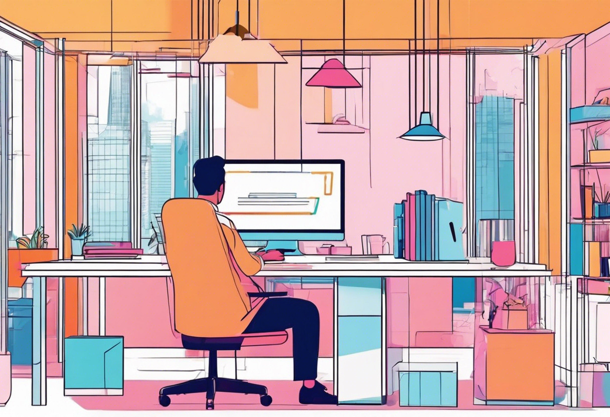 Colorful animation of an individual using AR in a modern workplace