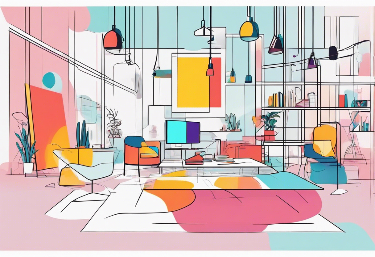 Colorful animation scene being generated by a designer in an ultra-modern creative studio
