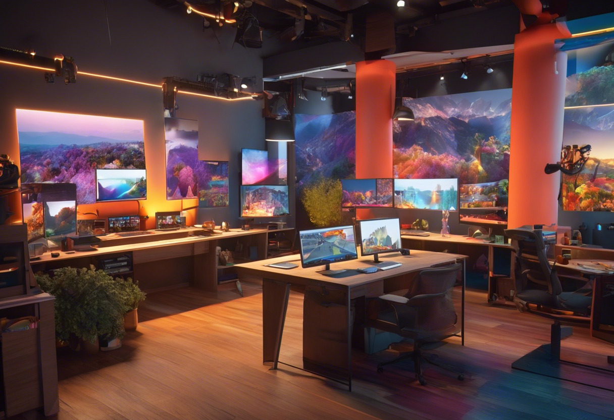 Colorful animation studio filled with artists diligently working on various Blender projects