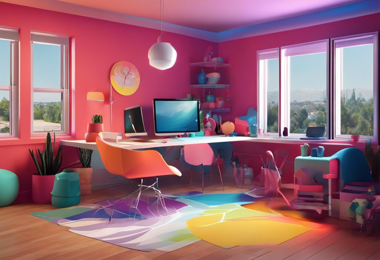 Colorful animation studio flooded with graphics designers engrossed in creating 3D models on Blender