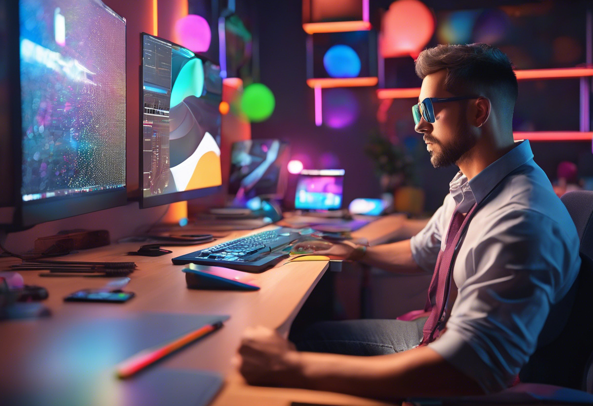 Colorful animator at vibrant workspace with Cinema 4D interface