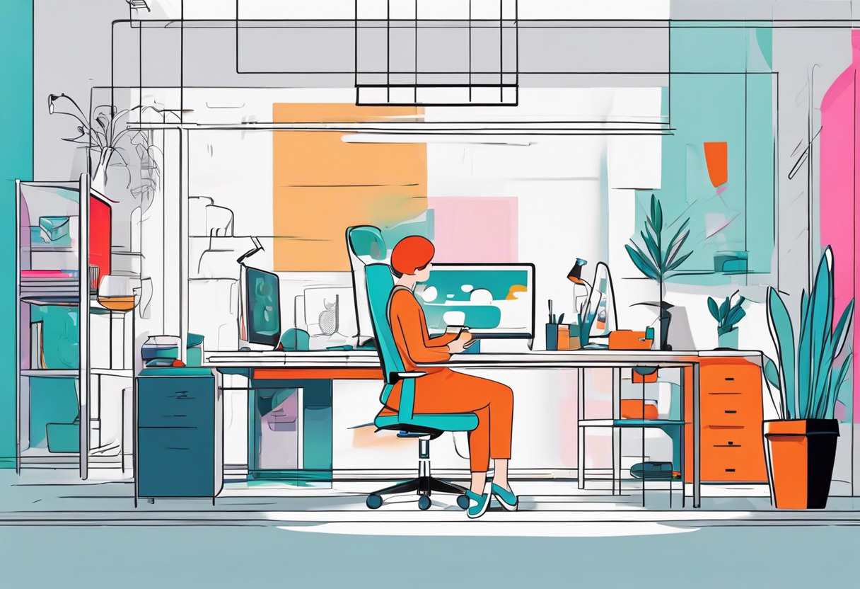 Colorful animator meticulously creating characters using Blender in a modern design studio