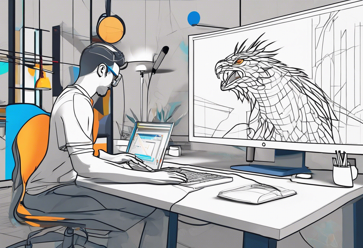 Colorful animator refining an animated creature in a film studio using Autodesk Maya