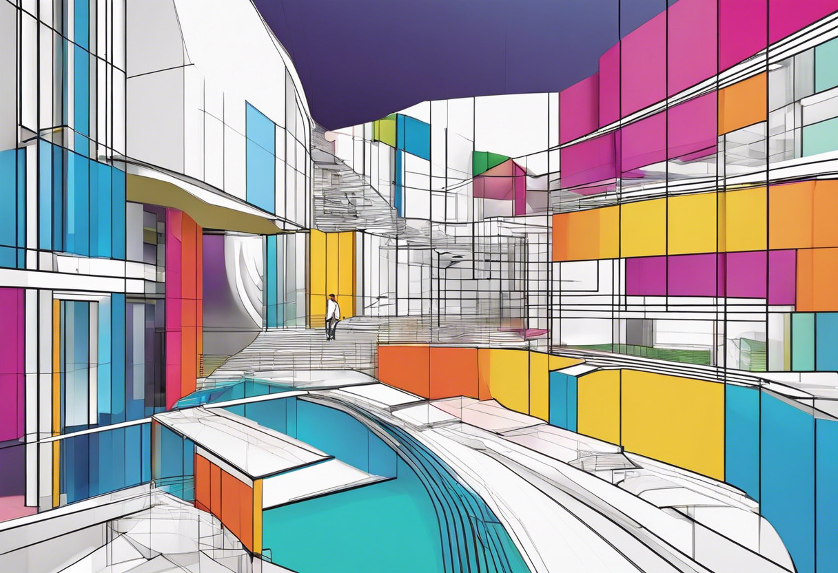 Colorful architect navigating through a complex architectural design using Rhino 3D software