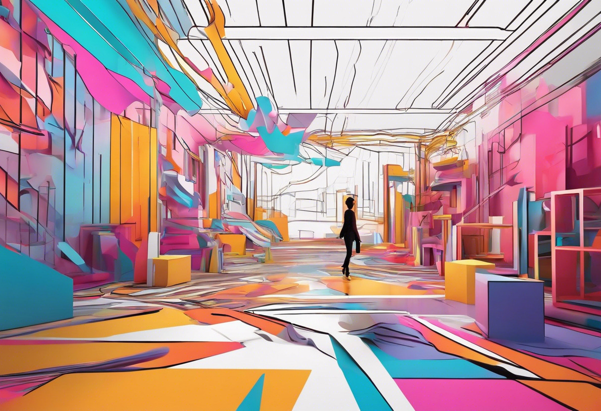 Colorful artist adeptly maneuvering through a surreal 3D painting environment in Tilt Brush