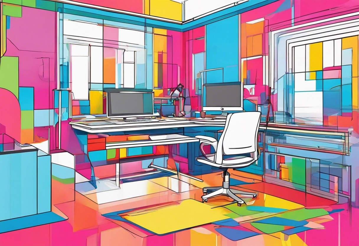 Colorful artist moulding a 3D rendering in a high-tech studio