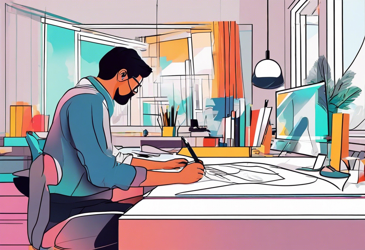 Colorful artist working in a modern studio using Blender