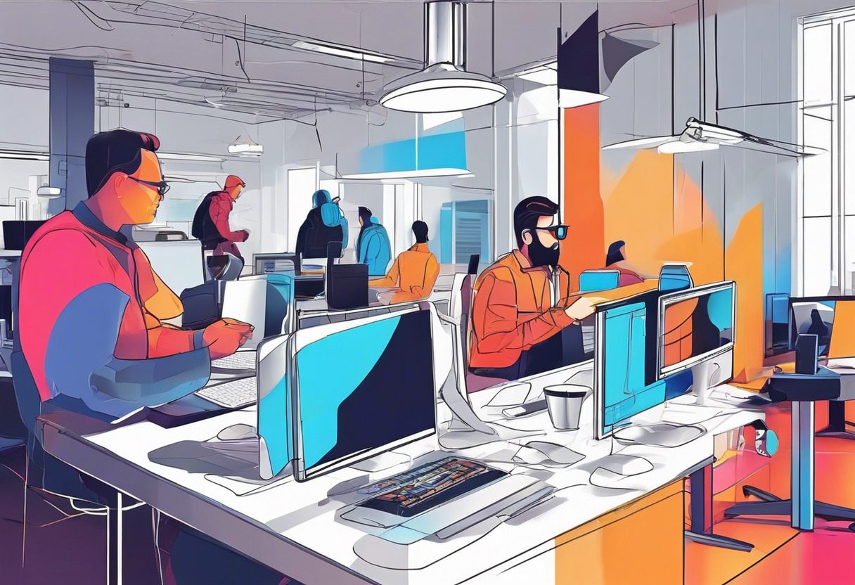 Colorful assembly of creative developers exploring Godot's 3D engine at a high-tech workspace