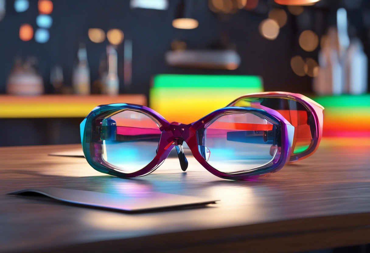 Colorful augmented reality glasses situated in a cutting-edge workspace