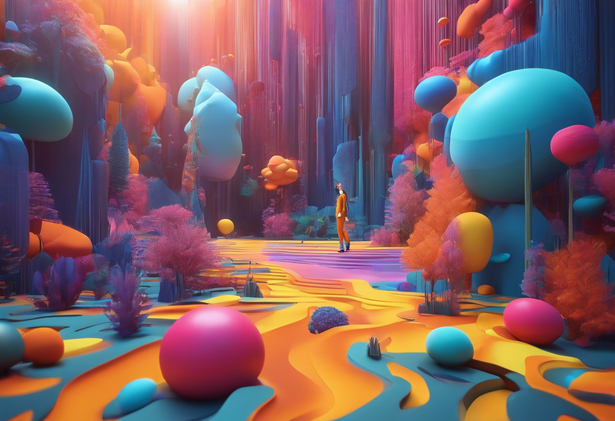 Colorful avatar interacting in Decentraland's virtual landscape