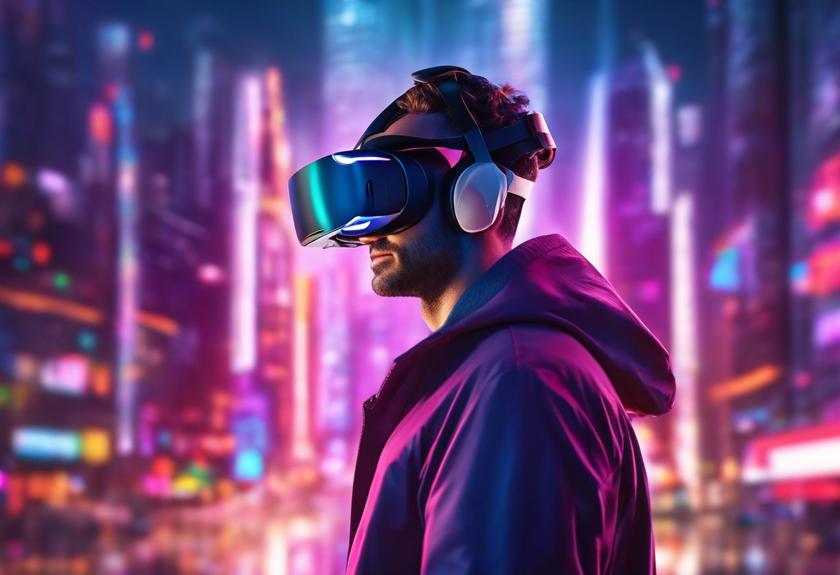 Colorful backdrop of a man wearing a Virtual Reality headset in a futuristic city