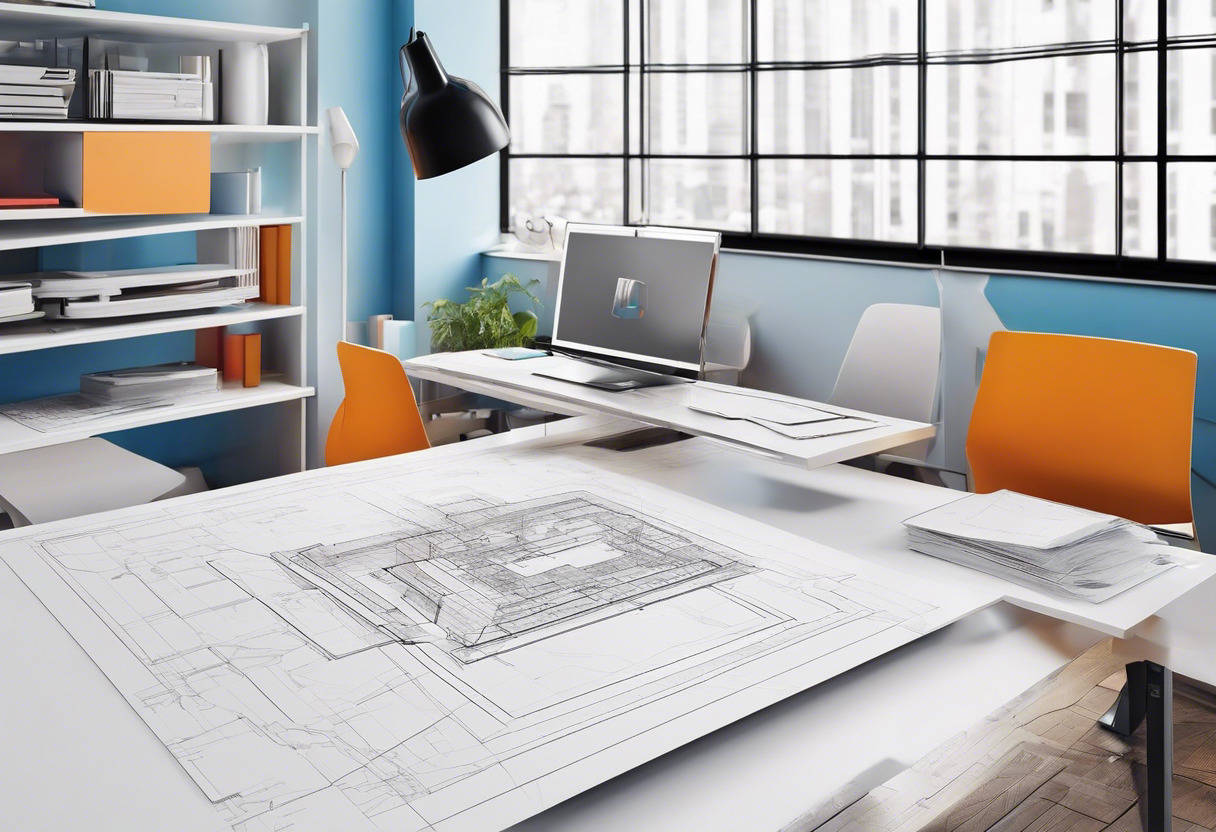 Colorful blueprint spread across a designer's workspace, overlaid with an intricate Shapr3D model