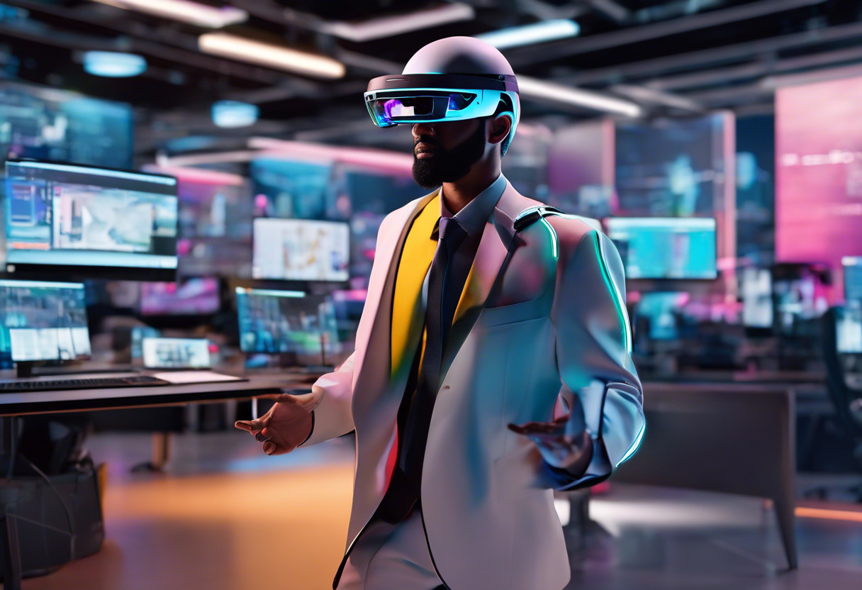 Colorful business executive using HoloLens 2 at an innovative tech lab