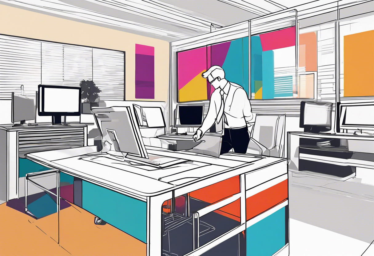 Colorful business professional utilizing the Meta Quest Pro for advanced mixed-reality workflows in a high-tech office environment