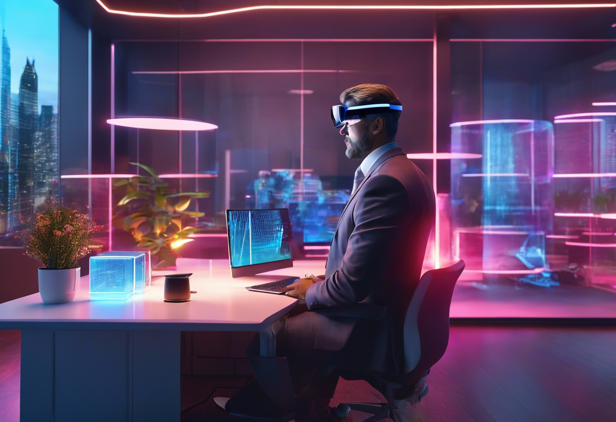 Colorful businessman in futuristic office using HoloLens 2