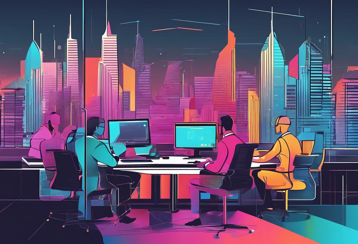 Colorful businessmen in a position of deep concentration analyzing digital elements superimposed onto a futuristic cityscape