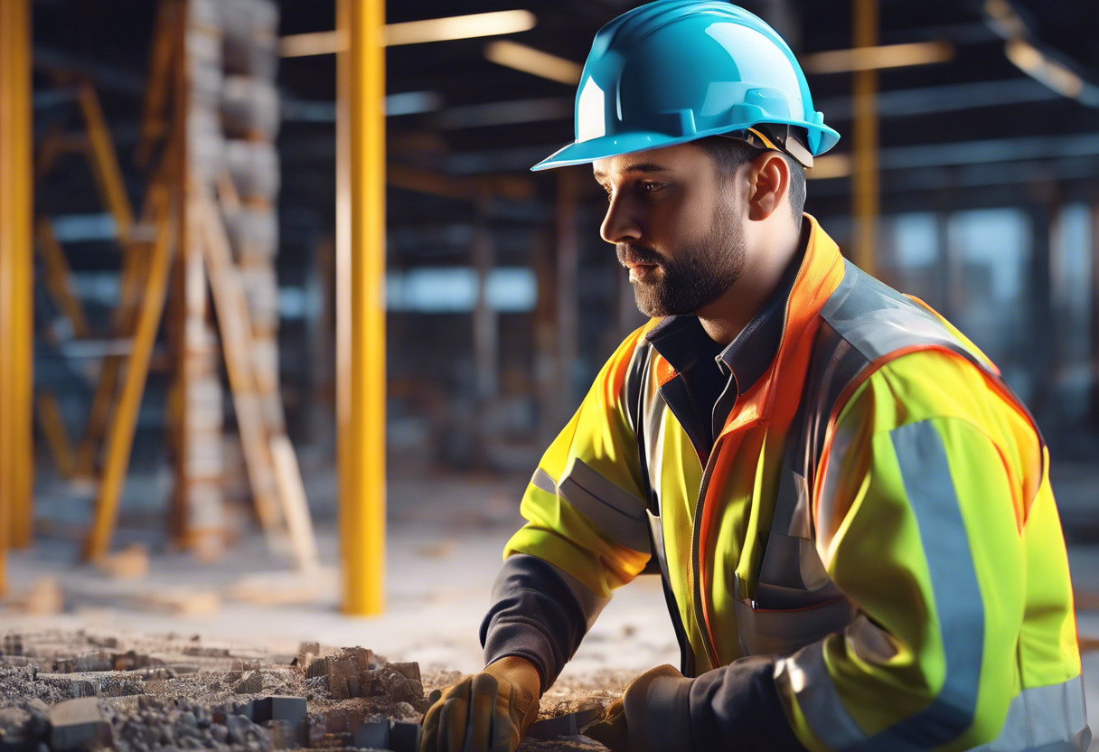 Colorful busy construction worker on a modern 3D digital site