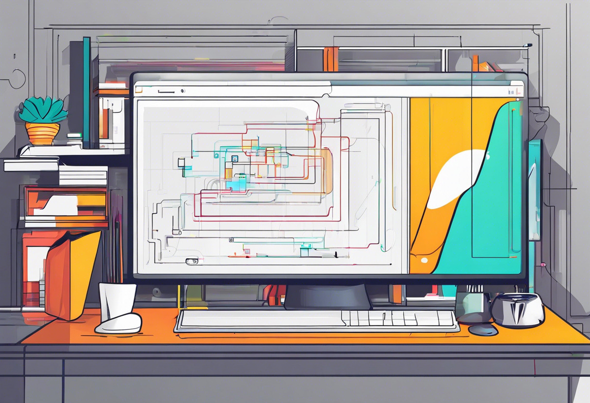 Colorful capture of GDevelop's interactive interface engaged by a passionate developer in a techno-centric workspace