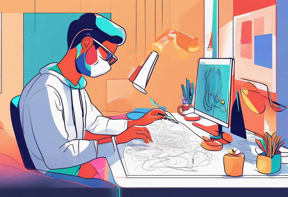 Colorful character designer animating a creature in a digital art studio